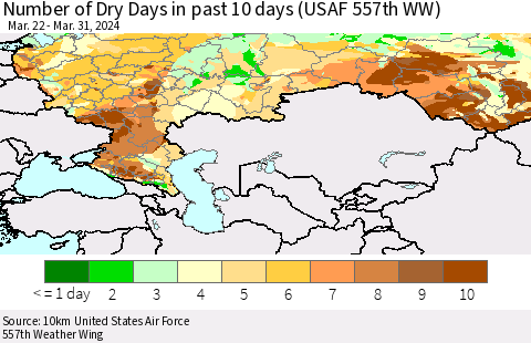 Russian Federation Number of Dry Days in past 10 days (USAF 557th WW) Thematic Map For 3/26/2024 - 3/31/2024