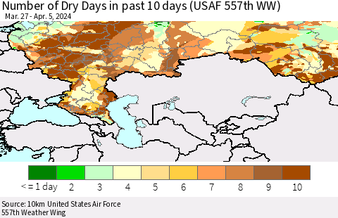 Russian Federation Number of Dry Days in past 10 days (USAF 557th WW) Thematic Map For 4/1/2024 - 4/5/2024