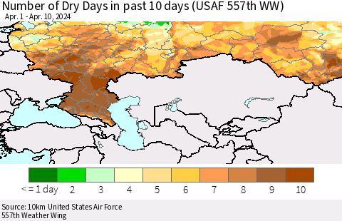Russian Federation Number of Dry Days in past 10 days (USAF 557th WW) Thematic Map For 4/6/2024 - 4/10/2024