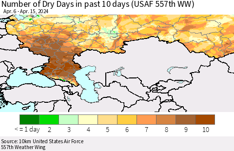 Russian Federation Number of Dry Days in past 10 days (USAF 557th WW) Thematic Map For 4/11/2024 - 4/15/2024