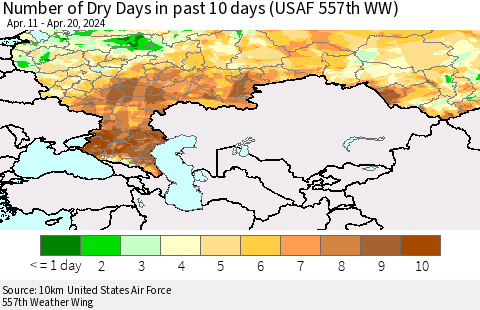 Russian Federation Number of Dry Days in past 10 days (USAF 557th WW) Thematic Map For 4/16/2024 - 4/20/2024