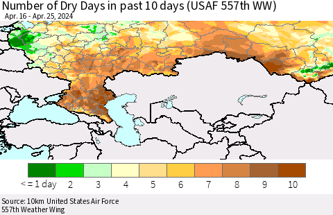 Russian Federation Number of Dry Days in past 10 days (USAF 557th WW) Thematic Map For 4/21/2024 - 4/25/2024