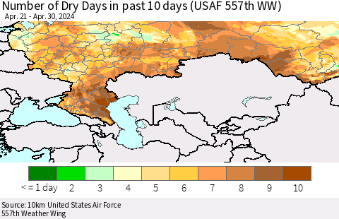 Russian Federation Number of Dry Days in past 10 days (USAF 557th WW) Thematic Map For 4/26/2024 - 4/30/2024
