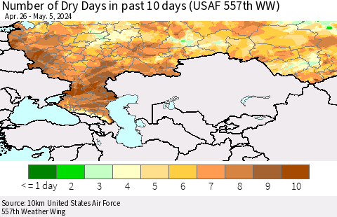 Russian Federation Number of Dry Days in past 10 days (USAF 557th WW) Thematic Map For 5/1/2024 - 5/5/2024