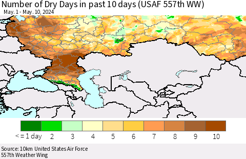 Russian Federation Number of Dry Days in past 10 days (USAF 557th WW) Thematic Map For 5/6/2024 - 5/10/2024
