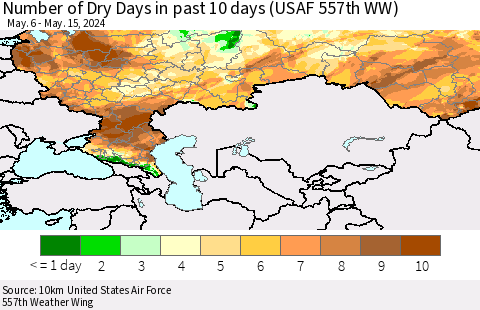 Russian Federation Number of Dry Days in past 10 days (USAF 557th WW) Thematic Map For 5/11/2024 - 5/15/2024