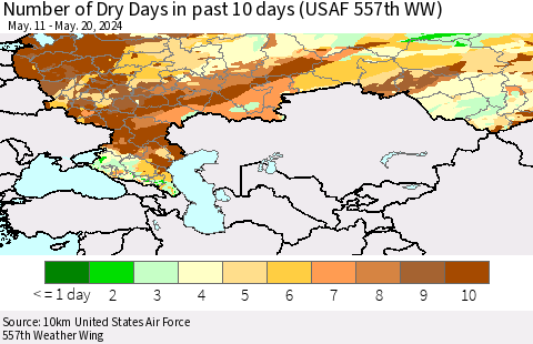 Russian Federation Number of Dry Days in past 10 days (USAF 557th WW) Thematic Map For 5/16/2024 - 5/20/2024
