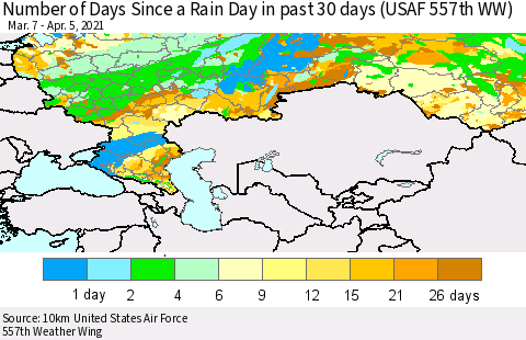 Russian Federation Number of Days Since a Rain Day in past 30 days (USAF 557th WW) Thematic Map For 4/1/2021 - 4/5/2021