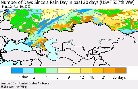 Russian Federation Number of Days Since a Rain Day in past 30 days (USAF 557th WW) Thematic Map For 4/6/2021 - 4/10/2021