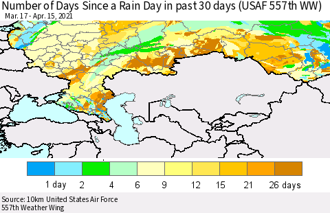 Russian Federation Number of Days Since a Rain Day in past 30 days (USAF 557th WW) Thematic Map For 4/11/2021 - 4/15/2021