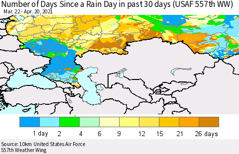 Russian Federation Number of Days Since a Rain Day in past 30 days (USAF 557th WW) Thematic Map For 4/16/2021 - 4/20/2021