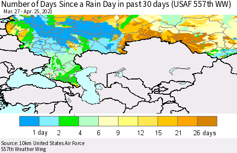 Russian Federation Number of Days Since a Rain Day in past 30 days (USAF 557th WW) Thematic Map For 4/21/2021 - 4/25/2021