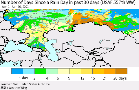 Russian Federation Number of Days Since a Rain Day in past 30 days (USAF 557th WW) Thematic Map For 4/26/2021 - 4/30/2021
