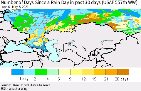 Russian Federation Number of Days Since a Rain Day in past 30 days (USAF 557th WW) Thematic Map For 5/1/2021 - 5/5/2021