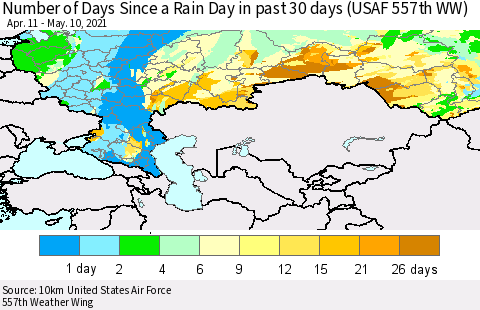 Russian Federation Number of Days Since a Rain Day in past 30 days (USAF 557th WW) Thematic Map For 5/6/2021 - 5/10/2021