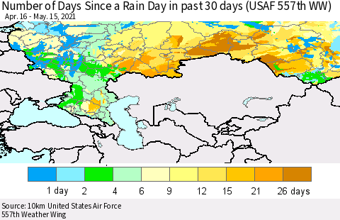 Russian Federation Number of Days Since a Rain Day in past 30 days (USAF 557th WW) Thematic Map For 5/11/2021 - 5/15/2021