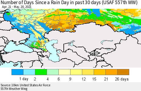 Russian Federation Number of Days Since a Rain Day in past 30 days (USAF 557th WW) Thematic Map For 5/16/2021 - 5/20/2021