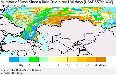 Russian Federation Number of Days Since a Rain Day in past 30 days (USAF 557th WW) Thematic Map For 5/21/2021 - 5/25/2021