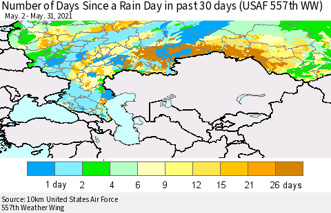 Russian Federation Number of Days Since a Rain Day in past 30 days (USAF 557th WW) Thematic Map For 5/26/2021 - 5/31/2021
