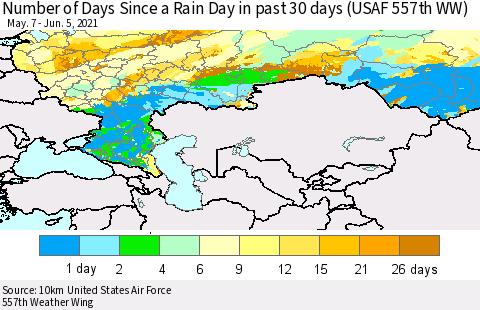 Russian Federation Number of Days Since a Rain Day in past 30 days (USAF 557th WW) Thematic Map For 6/1/2021 - 6/5/2021