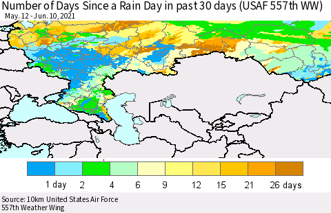 Russian Federation Number of Days Since a Rain Day in past 30 days (USAF 557th WW) Thematic Map For 6/6/2021 - 6/10/2021
