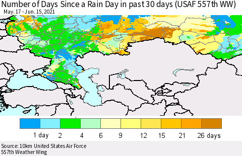 Russian Federation Number of Days Since a Rain Day in past 30 days (USAF 557th WW) Thematic Map For 6/11/2021 - 6/15/2021