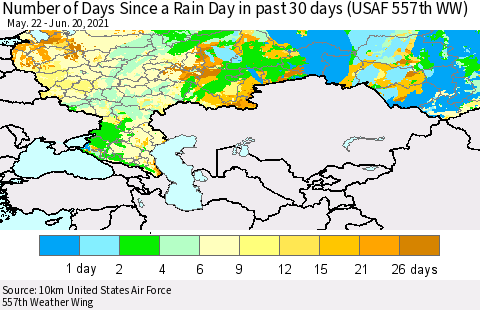 Russian Federation Number of Days Since a Rain Day in past 30 days (USAF 557th WW) Thematic Map For 6/16/2021 - 6/20/2021