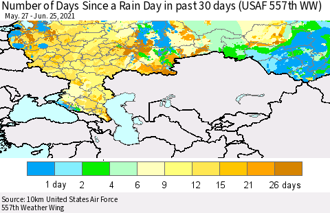 Russian Federation Number of Days Since a Rain Day in past 30 days (USAF 557th WW) Thematic Map For 6/21/2021 - 6/25/2021