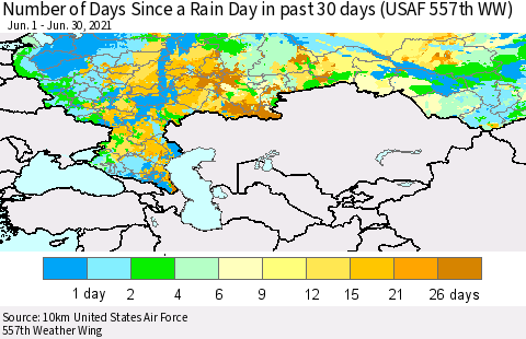 Russian Federation Number of Days Since a Rain Day in past 30 days (USAF 557th WW) Thematic Map For 6/26/2021 - 6/30/2021