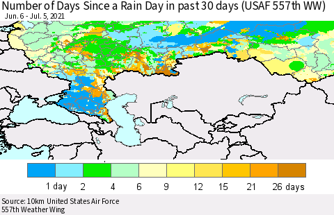 Russian Federation Number of Days Since a Rain Day in past 30 days (USAF 557th WW) Thematic Map For 7/1/2021 - 7/5/2021