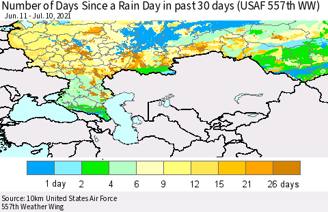 Russian Federation Number of Days Since a Rain Day in past 30 days (USAF 557th WW) Thematic Map For 7/6/2021 - 7/10/2021