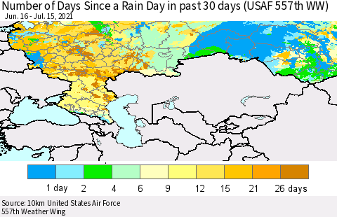 Russian Federation Number of Days Since a Rain Day in past 30 days (USAF 557th WW) Thematic Map For 7/11/2021 - 7/15/2021