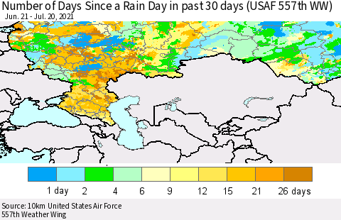 Russian Federation Number of Days Since a Rain Day in past 30 days (USAF 557th WW) Thematic Map For 7/16/2021 - 7/20/2021