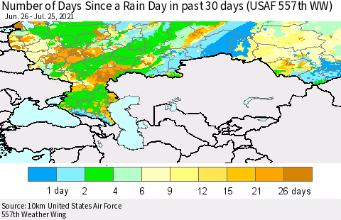 Russian Federation Number of Days Since a Rain Day in past 30 days (USAF 557th WW) Thematic Map For 7/21/2021 - 7/25/2021
