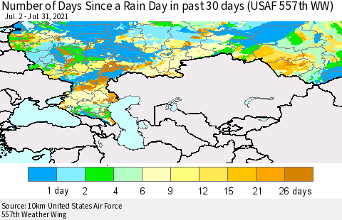 Russian Federation Number of Days Since a Rain Day in past 30 days (USAF 557th WW) Thematic Map For 7/26/2021 - 7/31/2021