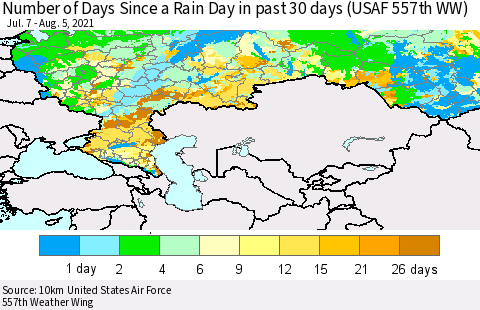 Russian Federation Number of Days Since a Rain Day in past 30 days (USAF 557th WW) Thematic Map For 8/1/2021 - 8/5/2021