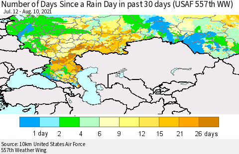 Russian Federation Number of Days Since a Rain Day in past 30 days (USAF 557th WW) Thematic Map For 8/6/2021 - 8/10/2021