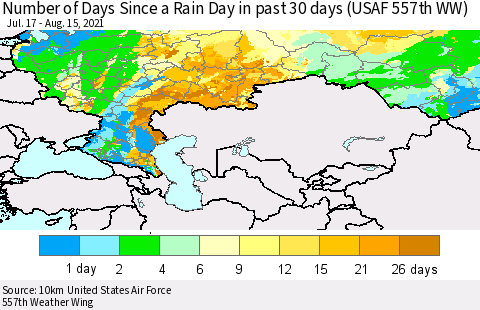 Russian Federation Number of Days Since a Rain Day in past 30 days (USAF 557th WW) Thematic Map For 8/11/2021 - 8/15/2021