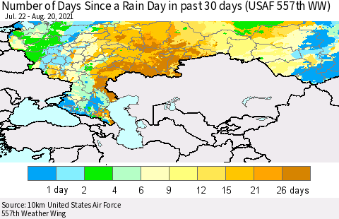 Russian Federation Number of Days Since a Rain Day in past 30 days (USAF 557th WW) Thematic Map For 8/16/2021 - 8/20/2021
