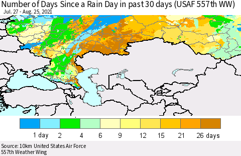 Russian Federation Number of Days Since a Rain Day in past 30 days (USAF 557th WW) Thematic Map For 8/21/2021 - 8/25/2021
