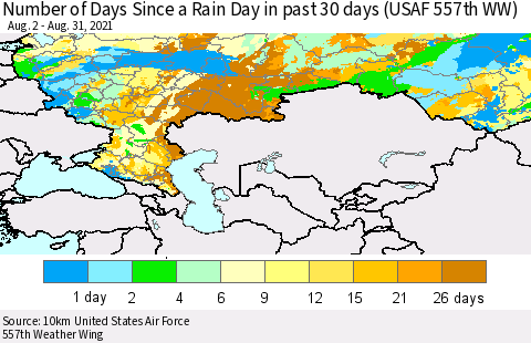Russian Federation Number of Days Since a Rain Day in past 30 days (USAF 557th WW) Thematic Map For 8/26/2021 - 8/31/2021