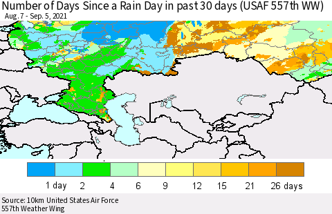 Russian Federation Number of Days Since a Rain Day in past 30 days (USAF 557th WW) Thematic Map For 9/1/2021 - 9/5/2021