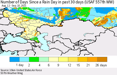 Russian Federation Number of Days Since a Rain Day in past 30 days (USAF 557th WW) Thematic Map For 9/6/2021 - 9/10/2021