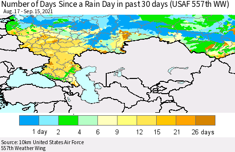 Russian Federation Number of Days Since a Rain Day in past 30 days (USAF 557th WW) Thematic Map For 9/11/2021 - 9/15/2021