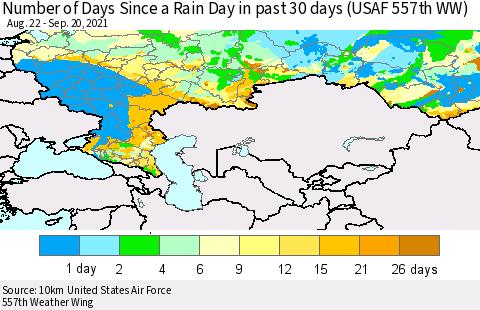 Russian Federation Number of Days Since a Rain Day in past 30 days (USAF 557th WW) Thematic Map For 9/16/2021 - 9/20/2021