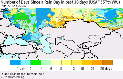 Russian Federation Number of Days Since a Rain Day in past 30 days (USAF 557th WW) Thematic Map For 9/21/2021 - 9/25/2021