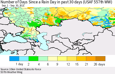 Russian Federation Number of Days Since a Rain Day in past 30 days (USAF 557th WW) Thematic Map For 9/26/2021 - 9/30/2021