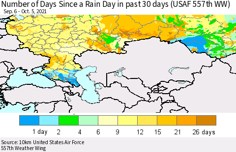 Russian Federation Number of Days Since a Rain Day in past 30 days (USAF 557th WW) Thematic Map For 10/1/2021 - 10/5/2021