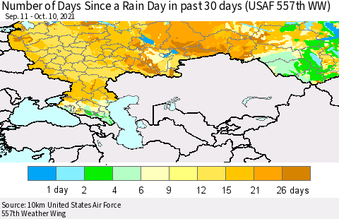 Russian Federation Number of Days Since a Rain Day in past 30 days (USAF 557th WW) Thematic Map For 10/6/2021 - 10/10/2021