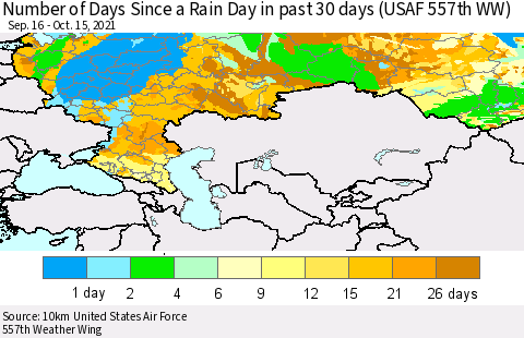 Russian Federation Number of Days Since a Rain Day in past 30 days (USAF 557th WW) Thematic Map For 10/11/2021 - 10/15/2021